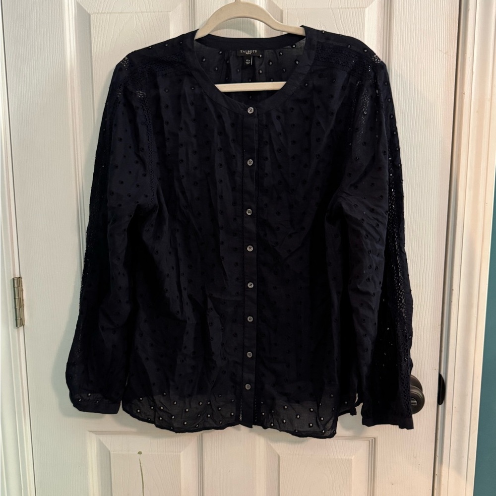 Talbots Blue Cuffed Sleeve Blouse with Mandarin Collar